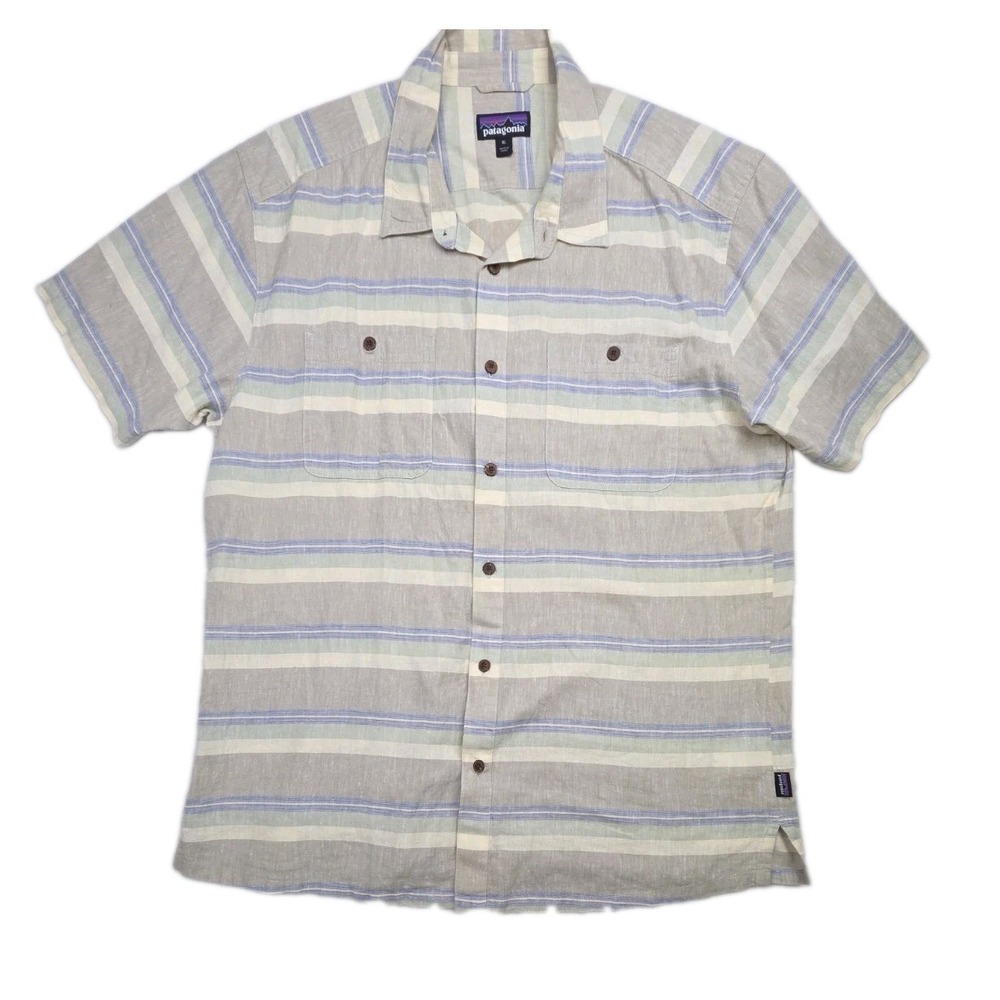 Patagonia‎ Back Step Shirt Mens XL Striped Hemp Organic Cotton Short Sleeve